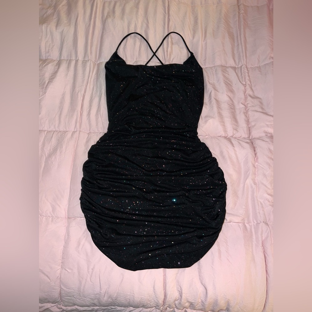Sabora Black Ruched Sequin Bodycon Mini Dress Medium